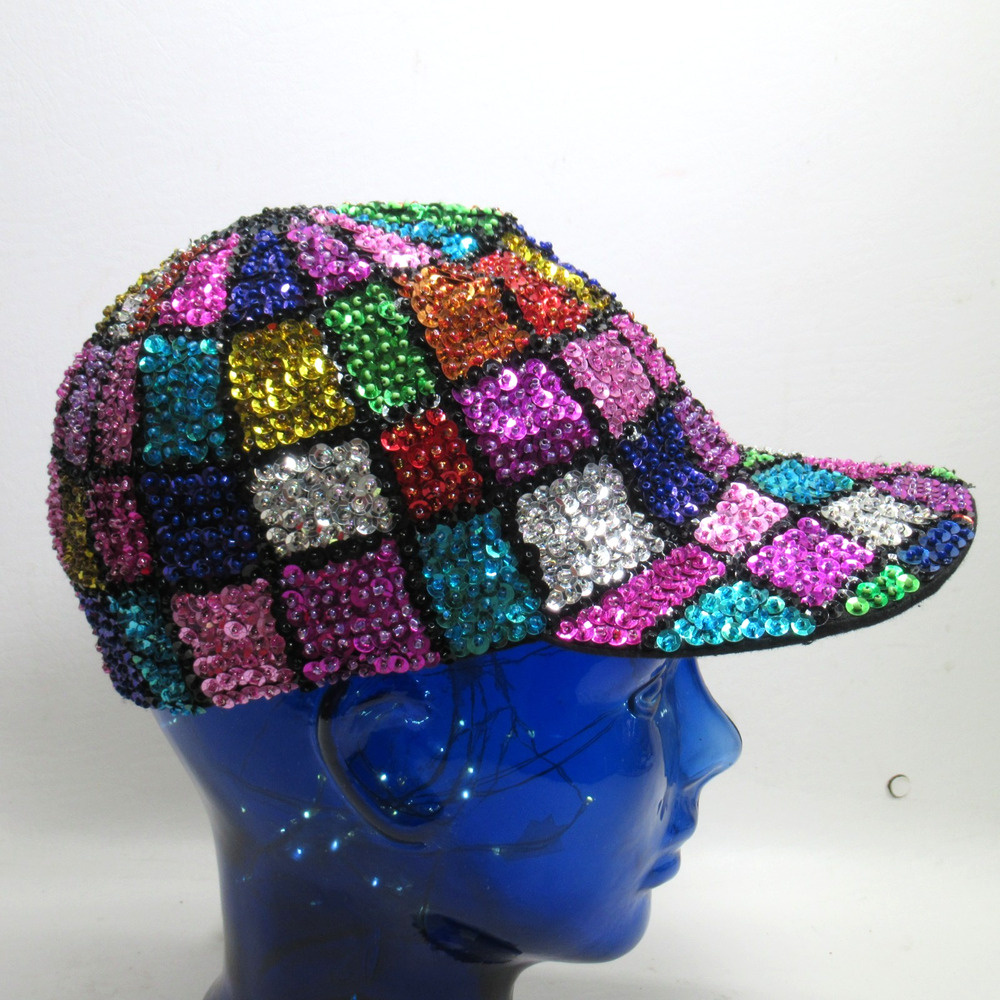 Bling Ball Cap L Stretch Bright Multicolor Checker Party Shiny Cotton Lined